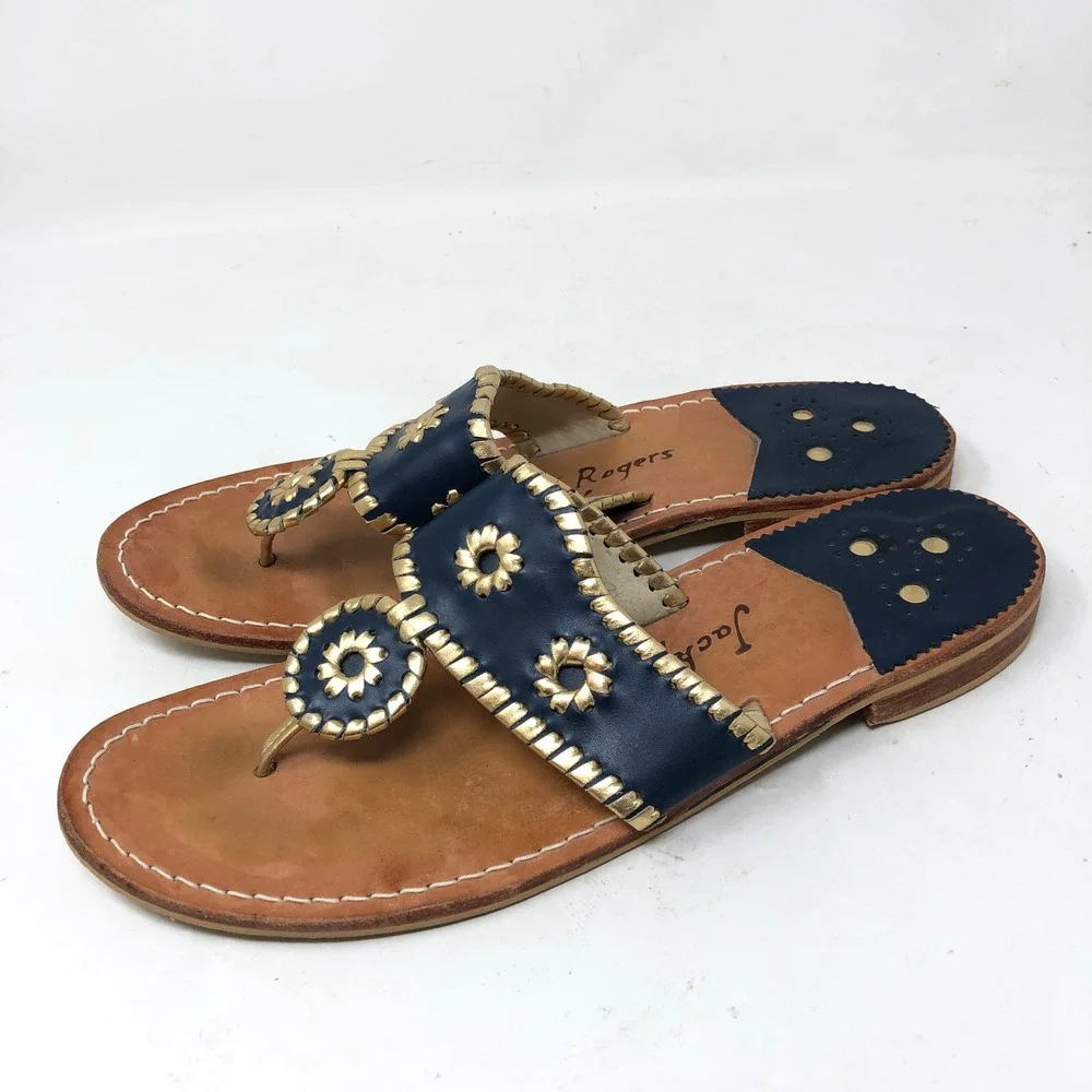 Jack Rogers Womens 10 Navajo Flat Sandals Navy Gold Whipstitch Leather Thong